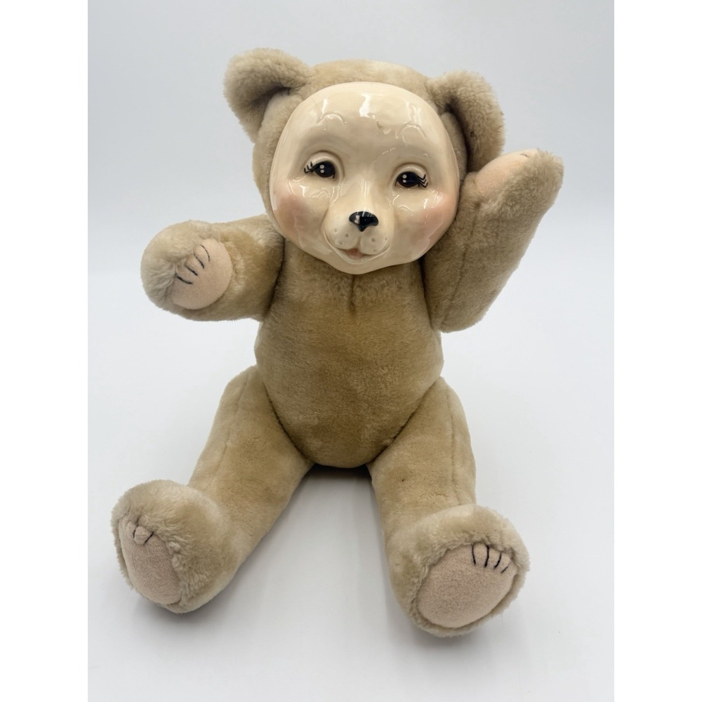 Vintage Porcelain Face Teddy Bear Plush Stuffed Animal Doll 17" Hairline Crack